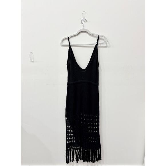 Nikkis Beach House Open Knit Crochet Cover-Up Maxi Dress w/ Fringe Trim Black XS - Picture 2 of 4